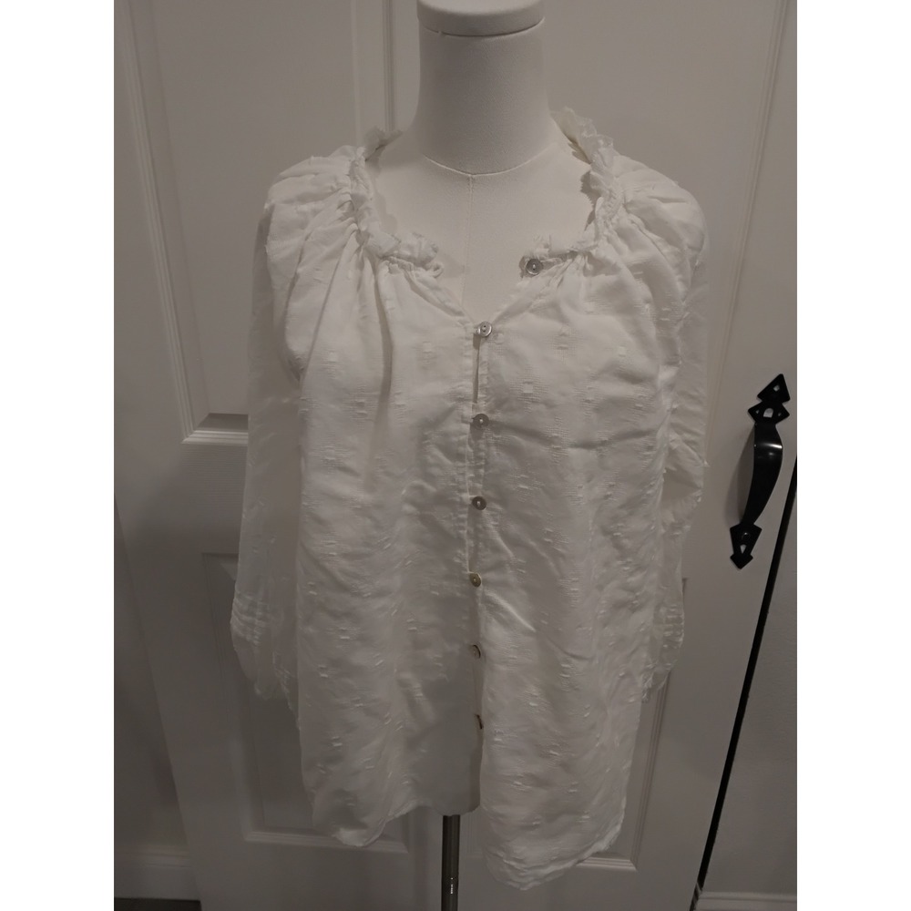 Cleobella White Textured Ruffle Neck Button Front Boho‎ Blouse Top XL